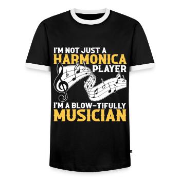 Harmonikaspieler für Munharmonika Spieler - Männer Kontrast-T-Shirt - Schwarz/Weiß - Vorne - AI Model Female 172 light (172cm) & AI Model Male 178 light (178cm)