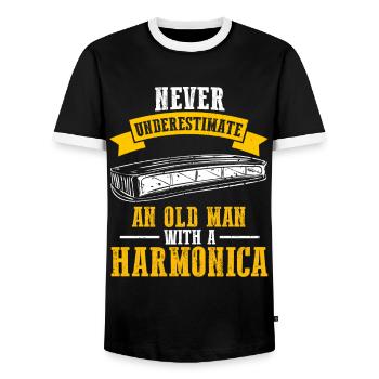 Mundharmonika Spieler und Mundharmonika - Männer Kontrast-T-Shirt - Schwarz/Weiß - Vorne - AI Model Female 172 light (172cm) & AI Model Male 178 light (178cm)