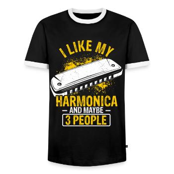 Mundharmonika Spieler und Mundharmonika - Männer Kontrast-T-Shirt - Schwarz/Weiß - Vorne - AI Model Female 172 light (172cm) & AI Model Male 178 light (178cm)