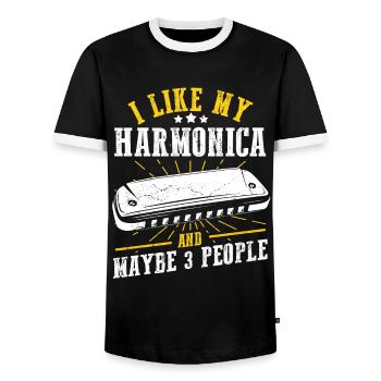 Harmonikaspieler für Munharmonika Spieler - Männer Kontrast-T-Shirt - Schwarz/Weiß - Vorne - AI Model Female 172 light (172cm) & AI Model Male 178 light (178cm)