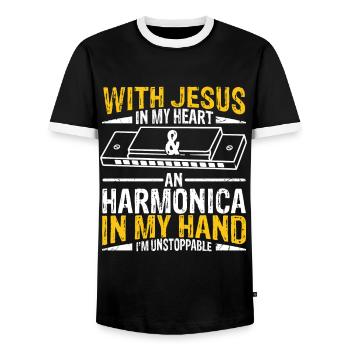 Mundharmonika Spieler und Mundharmonika - Männer Kontrast-T-Shirt - Schwarz/Weiß - Vorne - AI Model Female 172 light (172cm) & AI Model Male 178 light (178cm)