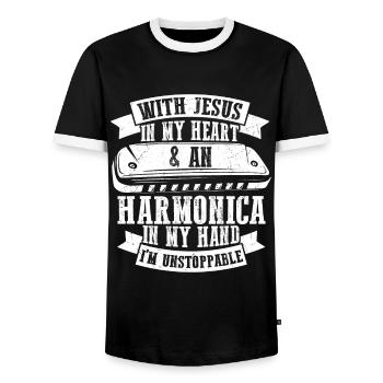 Harmonikaspieler für Munharmonika Spieler - Männer Kontrast-T-Shirt - Schwarz/Weiß - Vorne - AI Model Female 172 light (172cm) & AI Model Male 178 light (178cm)