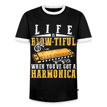 Mundharmonika Spieler und Mundharmonika - Männer Kontrast-T-Shirt - Schwarz/Weiß - Vorne - AI Model Female 172 light (172cm) & AI Model Male 178 light (178cm)