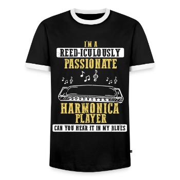 Mundharmonika Instrument und Mundharmonika - Männer Kontrast-T-Shirt - Schwarz/Weiß - Vorne - AI Model Female 172 light (172cm) & AI Model Male 178 light (178cm)