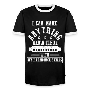 Harmonikaspieler für Munharmonika Spieler - Männer Kontrast-T-Shirt - Schwarz/Weiß - Vorne - AI Model Female 172 light (172cm) & AI Model Male 178 light (178cm)