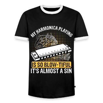 Mundharmonika Spieler und Mundharmonika - Männer Kontrast-T-Shirt - Schwarz/Weiß - Vorne - AI Model Female 172 light (172cm) & AI Model Male 178 light (178cm)
