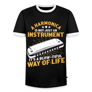 Mundharmonika Instrument und Mundharmonika - Männer Kontrast-T-Shirt - Schwarz/Weiß - Vorne - AI Model Female 172 light (172cm) & AI Model Male 178 light (178cm)
