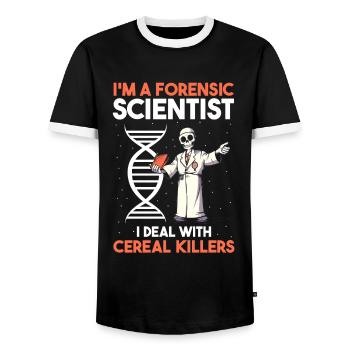 Gerichtsmediziner und Forensischer Analyst - Männer Kontrast-T-Shirt - Schwarz/Weiß - Vorne - AI Model Female 172 light (172cm) & AI Model Male 178 light (178cm)