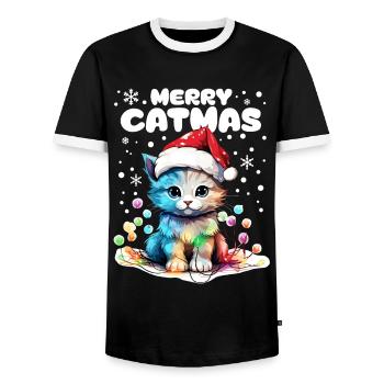 Cute cat with fairy lights celebrating Christmas - Men's Ringer Shirt - black/white - Front - AI Model Female 172 light (172cm) & AI Model Male 178 light (178cm)