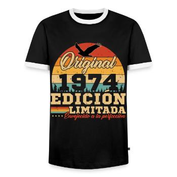 Vinatge 1974 Cadeau d'anniversaire - T-shirt contrasté Homme - noir/blanc - Devant - AI Model Female 172 light (172cm) & AI Model Male 178 light (178cm)