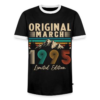 March 1995 Vintage Birthday Gift - Men's Ringer Shirt - black/white - Front - AI Model Female 172 light (172cm) & AI Model Male 178 light (178cm)