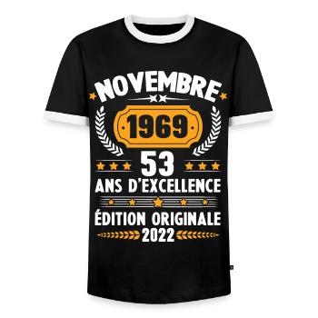 Cadeau D'anniversaire Rétro 53 Ans Novembre 1969 - T-shirt contrasté Homme - noir/blanc - Devant - AI Model Female 172 light (172cm) & AI Model Male 178 light (178cm)