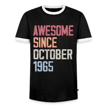 Bogosse born in October 1965 - Fête d'anniversair - Men's Ringer Shirt - black/white - Front - AI Model Female 172 light (172cm) & AI Model Male 178 light (178cm)