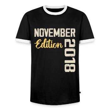 Born in November 2018 - Edition 2018 - Men's Ringer Shirt - black/white - Front - AI Model Female 172 light (172cm) & AI Model Male 178 light (178cm)
