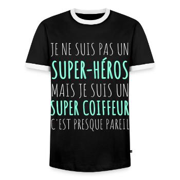 Coiffeur super héros humour coiffeur cadeau - T-shirt contrasté Homme - noir/blanc - Devant - AI Model Female 172 light (172cm) & AI Model Male 178 light (178cm)