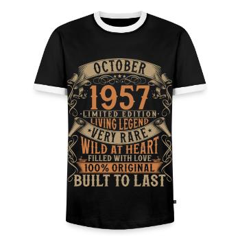 Octobre 1957 Cadeau d’anniversaire de naissance - T-shirt contrasté Homme - noir/blanc - Devant - AI Model Female 172 light (172cm) & AI Model Male 178 light (178cm)