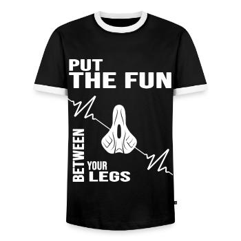 Fahrrad Fahrradkette "bikefun" Fahrradsattel - Männer Kontrast-T-Shirt - Schwarz/Weiß - Vorne - AI Model Female 172 light (172cm) & AI Model Male 178 light (178cm)