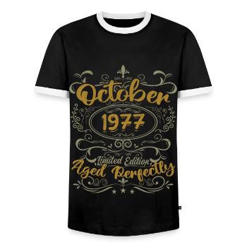 October 1977 Gift 1977 Birthday October 1977 - Men's Ringer Shirt - black/white - Front - AI Model Female 172 light (172cm) & AI Model Male 178 light (178cm)
