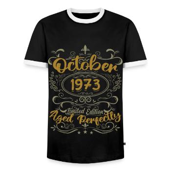 October 1973 Gift 1973 Birthday October 1973 - Men's Ringer Shirt - black/white - Front - AI Model Female 172 light (172cm) & AI Model Male 178 light (178cm)