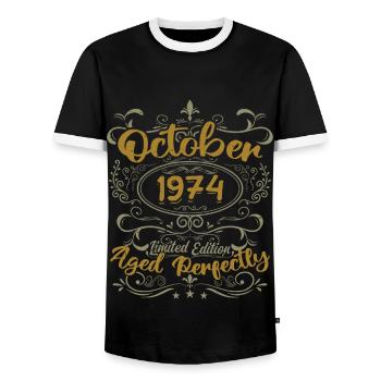 October 1974 Gift 1974 Birthday October 1974 - Men's Ringer Shirt - black/white - Front - AI Model Female 172 light (172cm) & AI Model Male 178 light (178cm)
