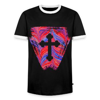 cross 4 e 279 - Men's Ringer Shirt - black/white - Front - AI Model Female 172 light (172cm) & AI Model Male 178 light (178cm)