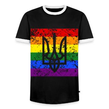 Ukraine Coat of Arms Rainbow Flag Flag - Men's Ringer Shirt - black/white - Front - AI Model Female 172 light (172cm) & AI Model Male 178 light (178cm)