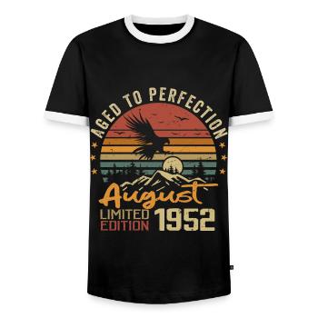 Jahrgang August 1952 Geburtstagsgeschenk August 1952 - Männer Kontrast-T-Shirt - Schwarz/Weiß - Vorne - AI Model Female 172 light (172cm) & AI Model Male 178 light (178cm)