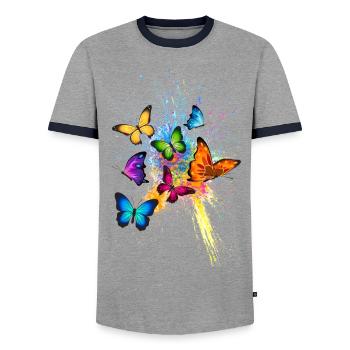 Schmetterling Butterfly Tier Animal Color Splash - Men's Ringer Shirt - grey/navy  - Front - AI Model Female 172 light (172cm) & AI Model Male 178 light (178cm)