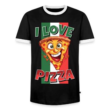 I Love Pizza Slice Face Laughs Pizzeria - Men's Ringer Shirt - black/white - Front - AI Model Female 172 light (172cm) & AI Model Male 178 light (178cm)