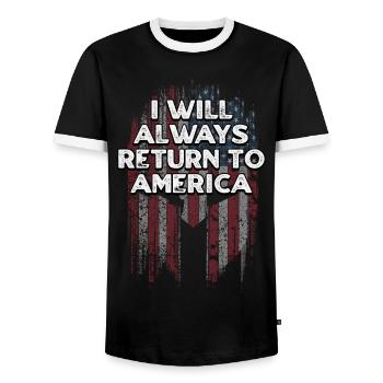 I Will Always Return to America Patriotic American - Men's Ringer Shirt - black/white - Front - AI Model Female 172 light (172cm) & AI Model Male 178 light (178cm)
