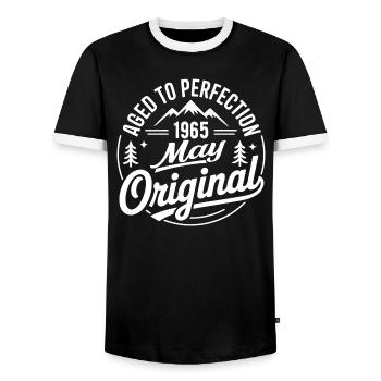 Mai 1965 – Legende der Gipfel und Berge - Männer Kontrast-T-Shirt - Schwarz/Weiß - Vorne - AI Model Female 172 light (172cm) & AI Model Male 178 light (178cm)