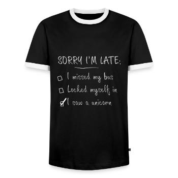 Unicorn - Sorry im late - Men's Ringer Shirt - black/white - Front - AI Model Female 172 light (172cm) & AI Model Male 178 light (178cm)