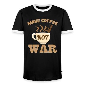 Coffee Gun Peace War Fun Statement Gift - Men's Ringer Shirt - black/white - Front - AI Model Female 172 light (172cm) & AI Model Male 178 light (178cm)