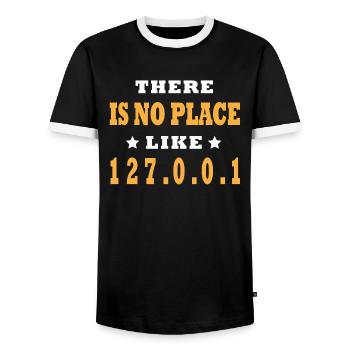 There Is No Place Like 127.0.0.1 Computer Science Funny - Men's Ringer Shirt - black/white - Front - AI Model Female 172 light (172cm) & AI Model Male 178 light (178cm)