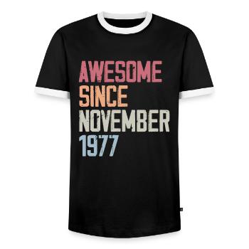 Cadeau D'anniversaire En Novembre 1977 - T-shirt contrasté Homme - noir/blanc - Devant - AI Model Female 172 light (172cm) & AI Model Male 178 light (178cm)