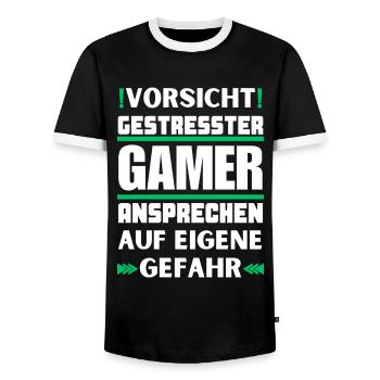 Don't appeal to stressed gamers! - Men's Ringer Shirt - black/white - Front - AI Model Female 172 light (172cm) & AI Model Male 178 light (178cm)
