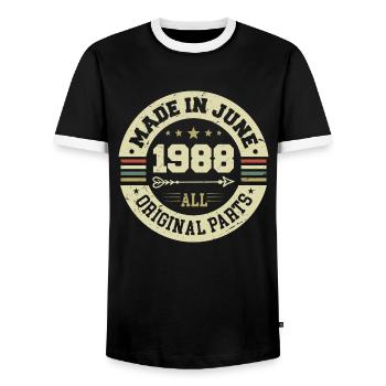 June 1988 Birthday Present June 1988 June 1988 - Men's Ringer Shirt - black/white - Front - AI Model Female 172 light (172cm) & AI Model Male 178 light (178cm)