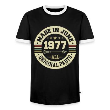 Juni 1977 Geburtstagsgeschenk Juni 1977 Juni 1977 - Männer Kontrast-T-Shirt - Schwarz/Weiß - Vorne - AI Model Female 172 light (172cm) & AI Model Male 178 light (178cm)