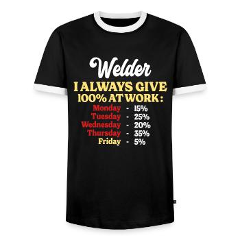 100% At Work Funny Welder Quote - Men's Ringer Shirt - black/white - Front - AI Model Female 172 light (172cm) & AI Model Male 178 light (178cm)