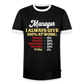 100% At Work Funny Manager Quote - Men's Ringer Shirt - black/white - Front - AI Model Female 172 light (172cm) & AI Model Male 178 light (178cm)