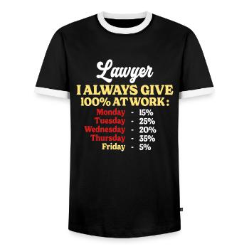 100% At Work Funny Quote Work Lawyer - Men's Ringer Shirt - black/white - Front - AI Model Female 172 light (172cm) & AI Model Male 178 light (178cm)