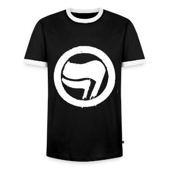 Symbol Antifaschistische Aktion - Männer Kontrast-T-Shirt - Schwarz/Weiß - Vorne - AI Model Female 172 light (172cm) & AI Model Male 178 light (178cm)