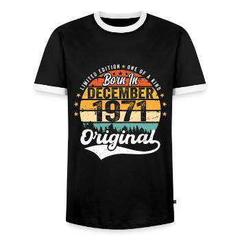 Original December 1971 Vintage Birthday 1971 - Men's Ringer Shirt - black/white - Front - AI Model Female 172 light (172cm) & AI Model Male 178 light (178cm)