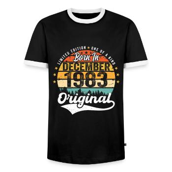Original December 1983 Vintage Birthday 1983 - Men's Ringer Shirt - black/white - Front - AI Model Female 172 light (172cm) & AI Model Male 178 light (178cm)