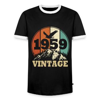 Jahrgang 1959 - Männer Kontrast-T-Shirt - Schwarz/Weiß - Vorne - AI Model Female 172 light (172cm) & AI Model Male 178 light (178cm)