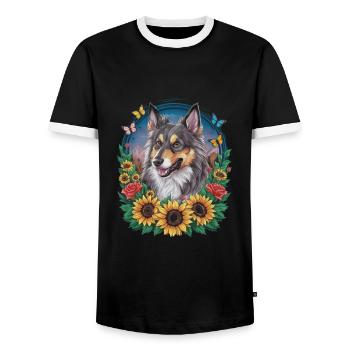Norwegian Elkhound with Roses, Butterflies - Men's Ringer Shirt - black/white - Front - AI Model Female 172 light (172cm) & AI Model Male 178 light (178cm)