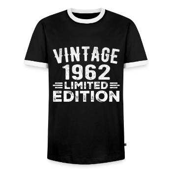 Année de naissance 1962 Année de naissance Millésime 1962 - T-shirt contrasté Homme - noir/blanc - Devant - AI Model Female 172 light (172cm) & AI Model Male 178 light (178cm)