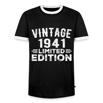 Year of birth 1941 Year of birth 1941 vintage - Men's Ringer Shirt - black/white - Front - AI Model Female 172 light (172cm) & AI Model Male 178 light (178cm)