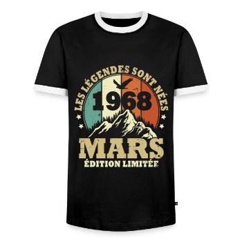 The legends were born in March 1968 Vintage - Men's Ringer Shirt - black/white - Front - AI Model Female 172 light (172cm) & AI Model Male 178 light (178cm)