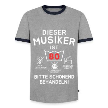 This musician is 80 years old. - Men's Ringer Shirt - grey/navy  - Front - AI Model Female 172 light (172cm) & AI Model Male 178 light (178cm)